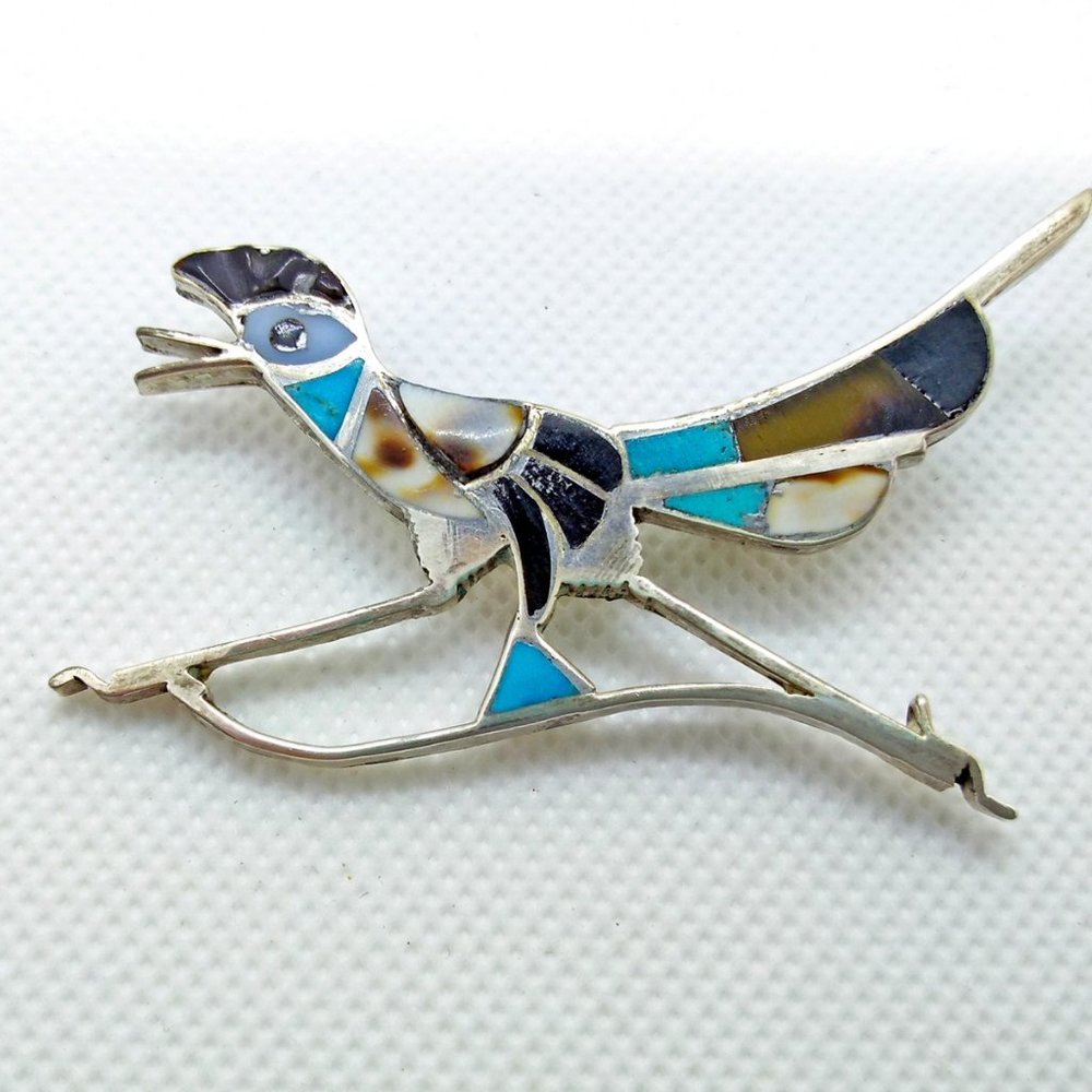 Vintage Sterling Zuni Roadrunner Pin, Inlaid Stones, … Gem